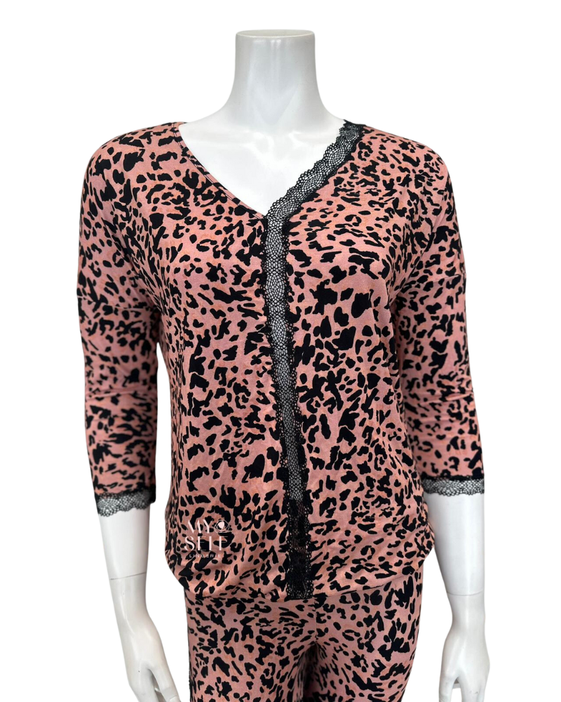 Oh! Zuza 4135 Leopard Print Lace V Neck Modal Pajamas Set myselflingerie.com