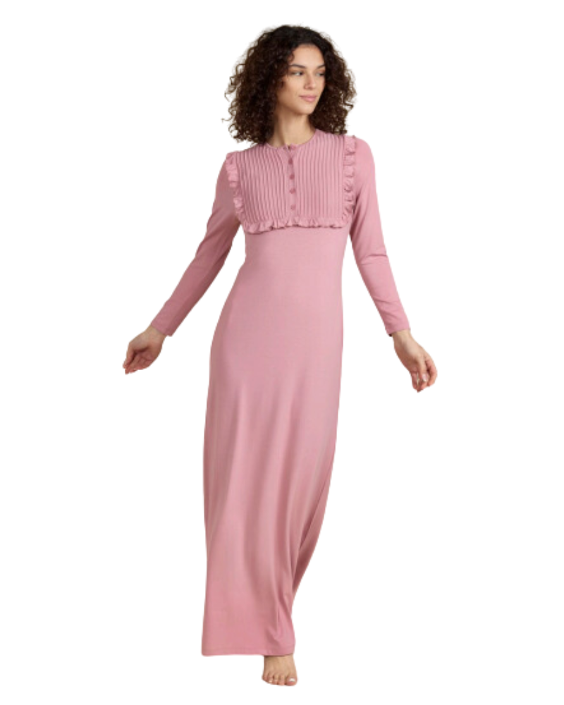 Ellwi 819 Pink Ruffles & Pleats Button Down Cotton Nightgown myselflingerie.com