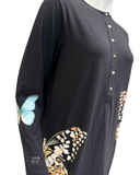 Nico Italy AJ807BLK Butterfly Insert Print Front Snap Black Cotton Nightgown myselflingerie.com