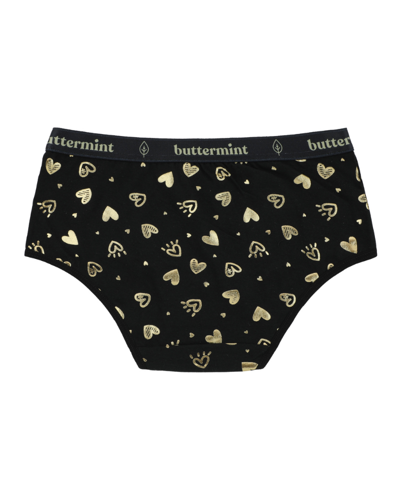 Buttermint HIP-HRT-BK Gold Hearts Black Cotton Teen Hipsters 3 Pack myselflingerie.com
