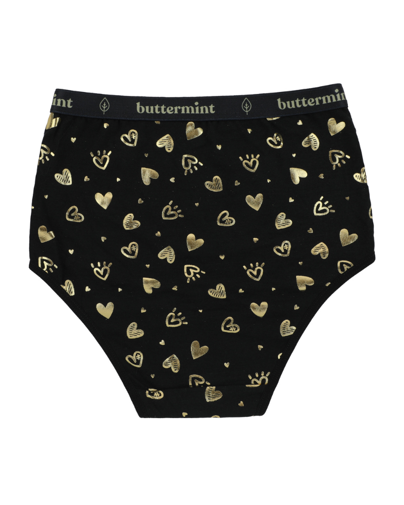 Buttermint BR-HRT-BK Gold Hearts Black Cotton Teen Briefs 3 Pack myselflingerie.com