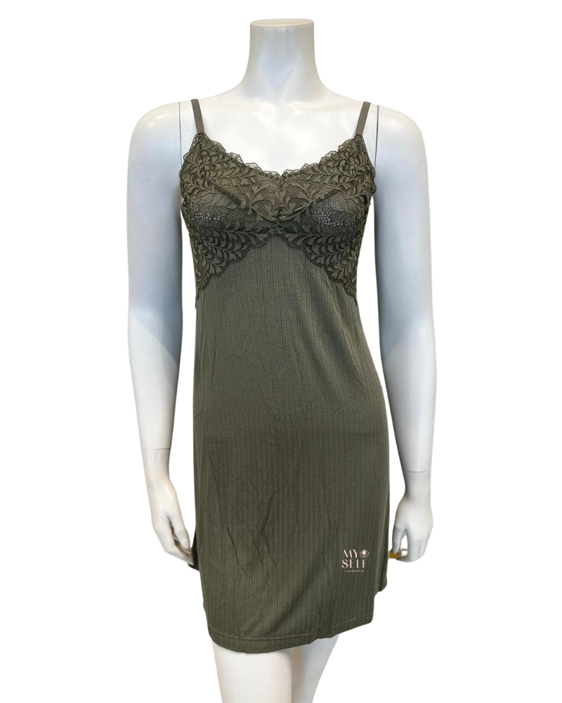 Fleurt 6037 Dusty Olive Whisper Pointelle Modal Chemise myselflingerie.com