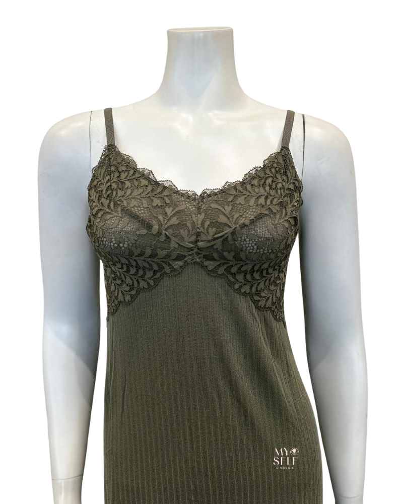 Fleurt 6037 Dusty Olive Whisper Pointelle Modal Chemise myselflingerie.com