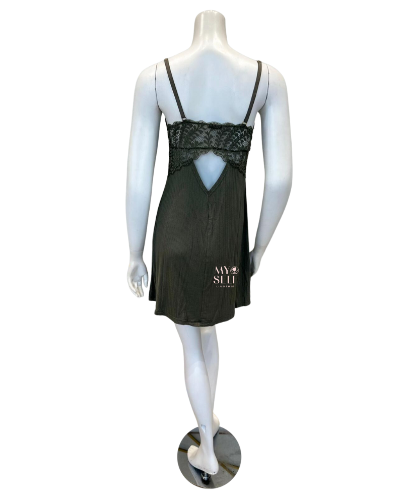 Fleurt 6037 Dusty Olive Whisper Pointelle Modal Chemise myselflingerie.com