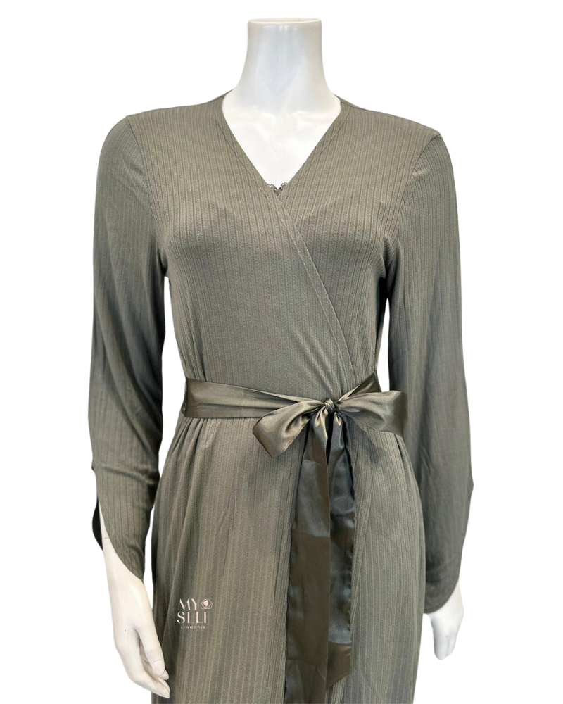 Fleur't 6312 Dusty Olive Whisper Pointelle Modal Short Morning Robe myselflingerie.com