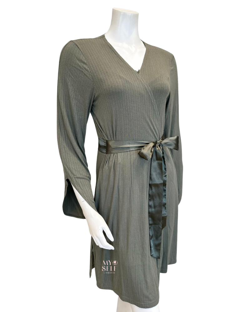 Fleur't 6312 Dusty Olive Whisper Pointelle Modal Short Morning Robe myselflingerie.com
