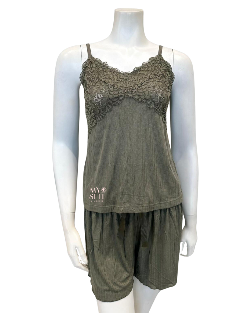 Fleurt 6125 Dusty Olive Whisper Pointelle Cami & Shorts Set myselflingerie.com