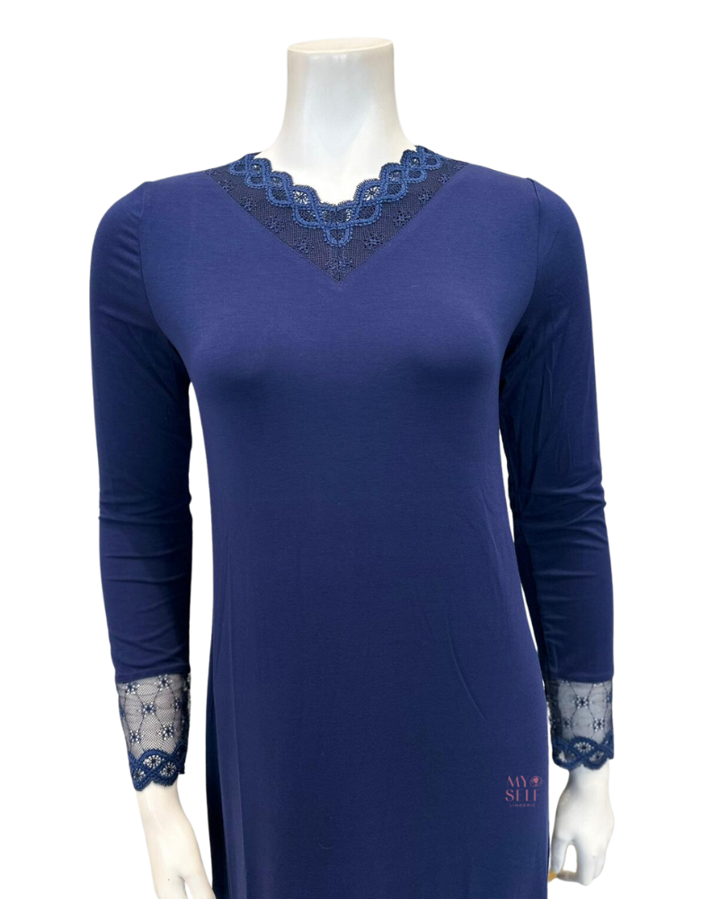 Oh! Zuza M4140 Navy Swirl Design Modest V Neck Modal Nightshirt myselflingerie.com