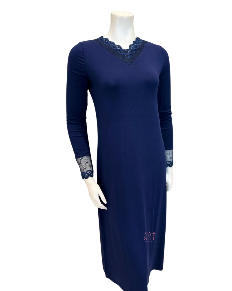 Oh! Zuza M4140 Navy Swirl Design Modest V Neck Modal Nightshirt myselflingerie.com