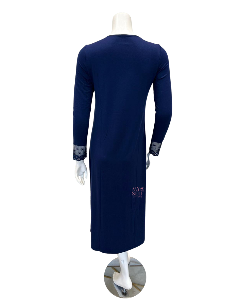 Oh! Zuza M4140 Navy Swirl Design Modest V Neck Modal Nightshirt myselflingerie.com