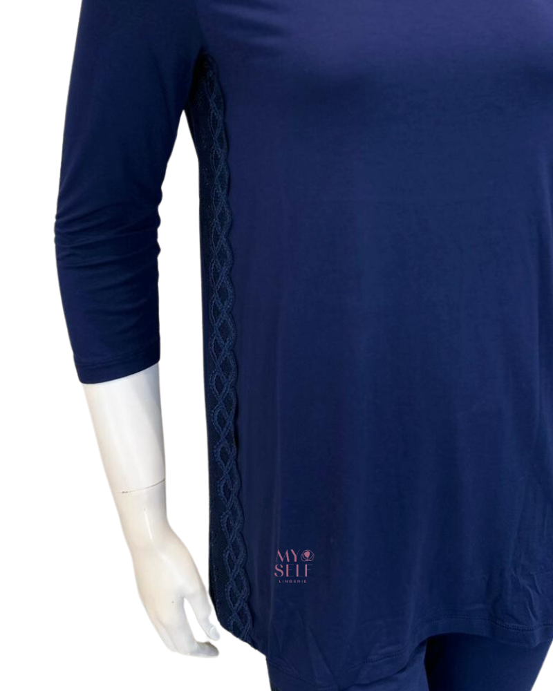 Oh! Zuza M4144 Navy Swirl Design Lace Trimmed Modal Pajamas Set myselflingerie.com