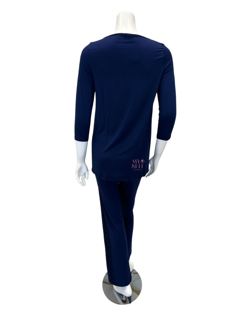 Oh! Zuza M4144 Navy Swirl Design Lace Trimmed Modal Pajamas Set myselflingerie.com