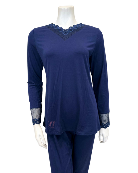 Oh! Zuza M4141 Navy Swirl Design Lace V Neck Modal Pajamas Set myselflingerie.com