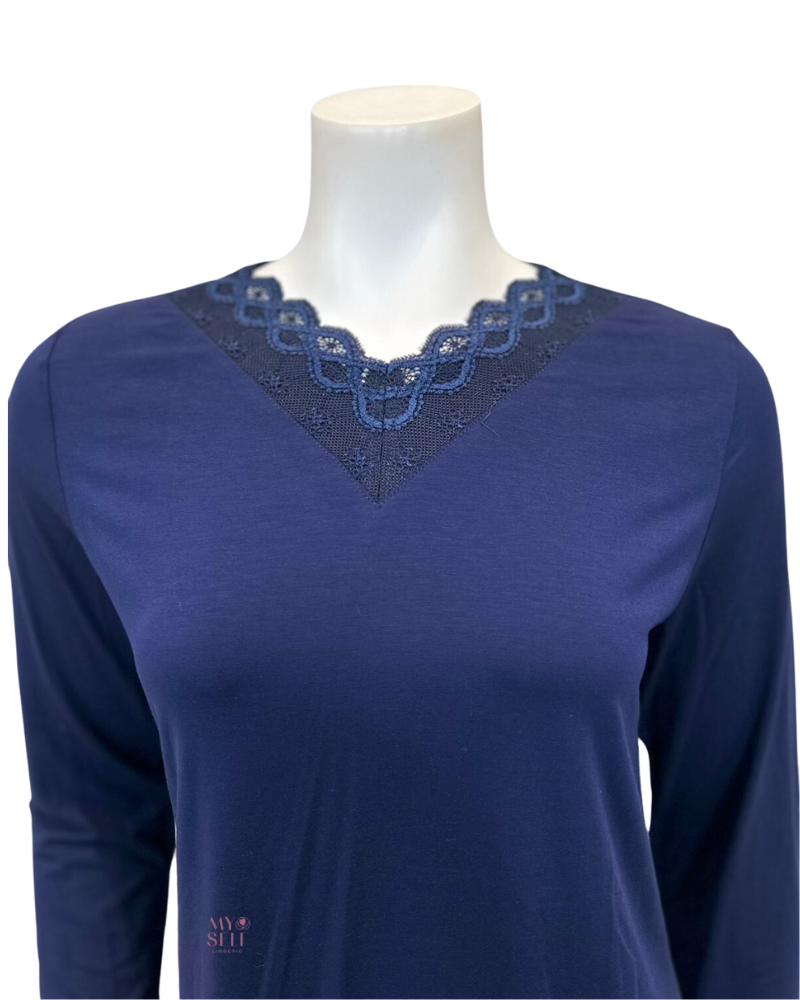 Oh! Zuza M4141 Navy Swirl Design Lace V Neck Modal Pajamas Set myselflingerie.com