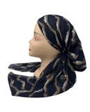 Lizi Headwear Navy/Camel Ripple Print Pre-Tied Bandanna with Velvet Grip