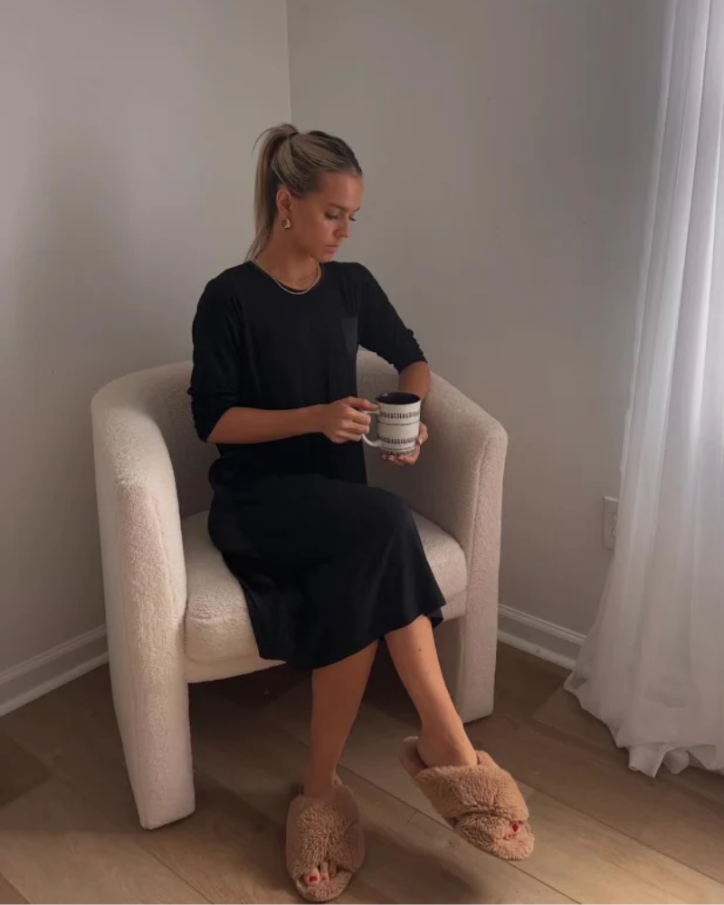 Mon Loungewear CBSLSN Black Satin Accent Long Sleeve Modal Nightshirt myselflingerie.com