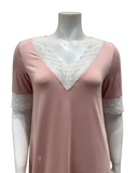 Oh! Zuza 4140SL Dusty Pink V Neck Lace Trim Short Sleeve Modal Nightshirt myselflingerie.com