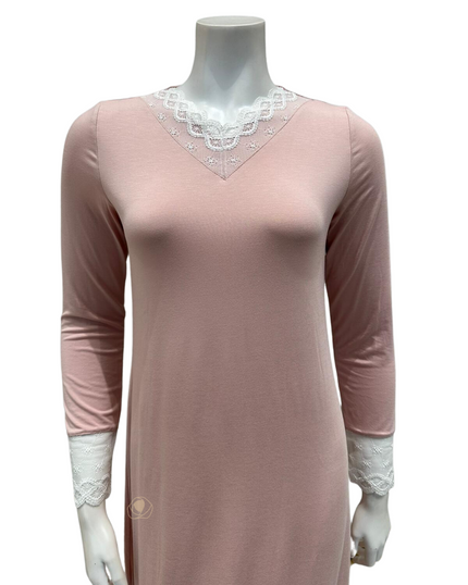 Oh! Zuza M4140 Dusty Pink Swirl Design Modest V Neck Modal Nightshirt myselflingerie.com
