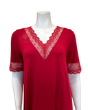 Oh! Zuza 4140SL Red Pepper V Neck Lace Trim Short Sleeve Modal Nightshirt myselflingerie.com