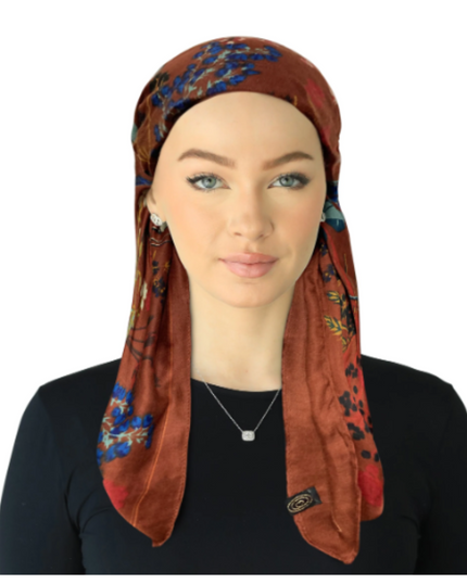 SP248RUM Rust/Multi Floral Pre-Tied Open Back Bandanna