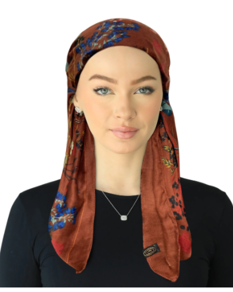 SP248RUM Rust/Multi Floral Pre-Tied Open Back Bandanna