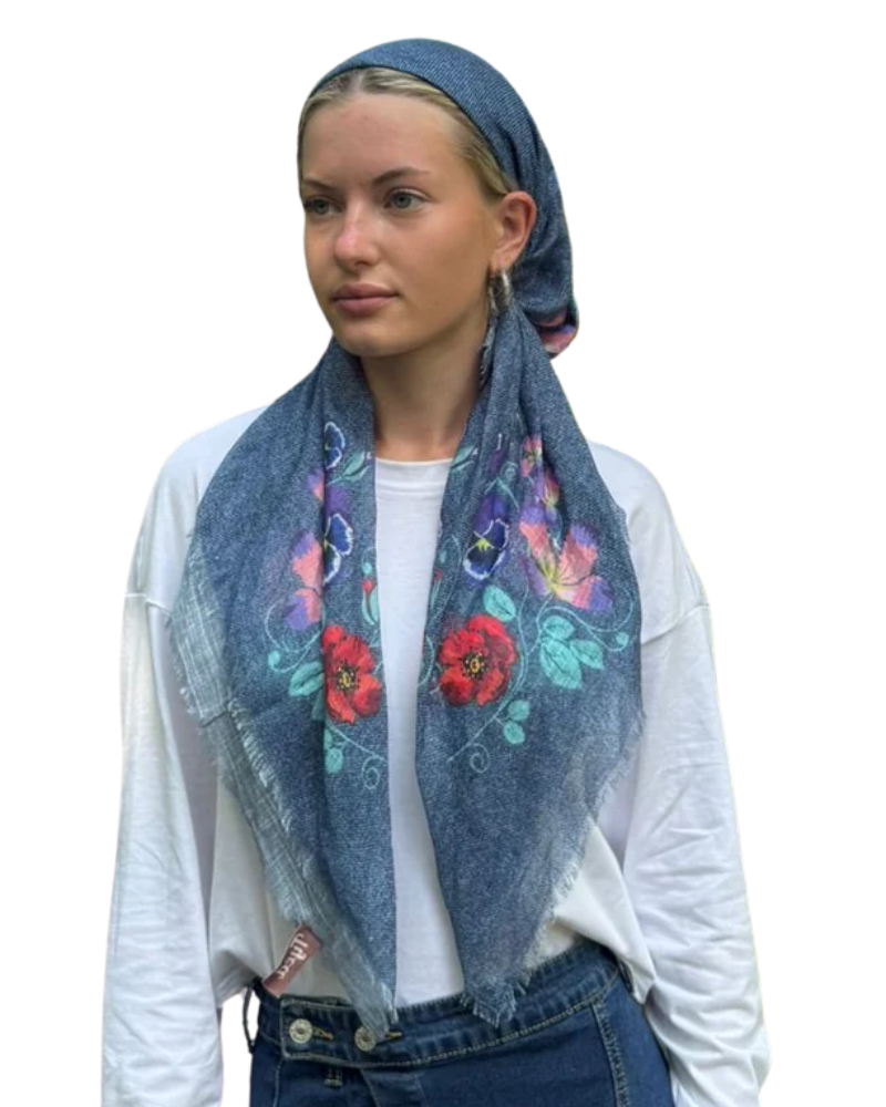 TYED Denim Botanical Print Adjustable Pre-tied Bandanna with Velvet Grip Myselflingerie.com
