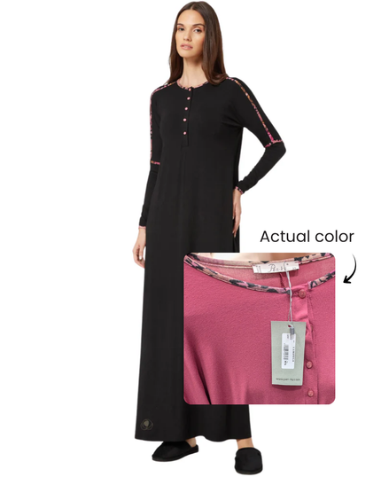 11925 Antique Rose Leopard Floral Trim Black Cotton Button Down Nightgown