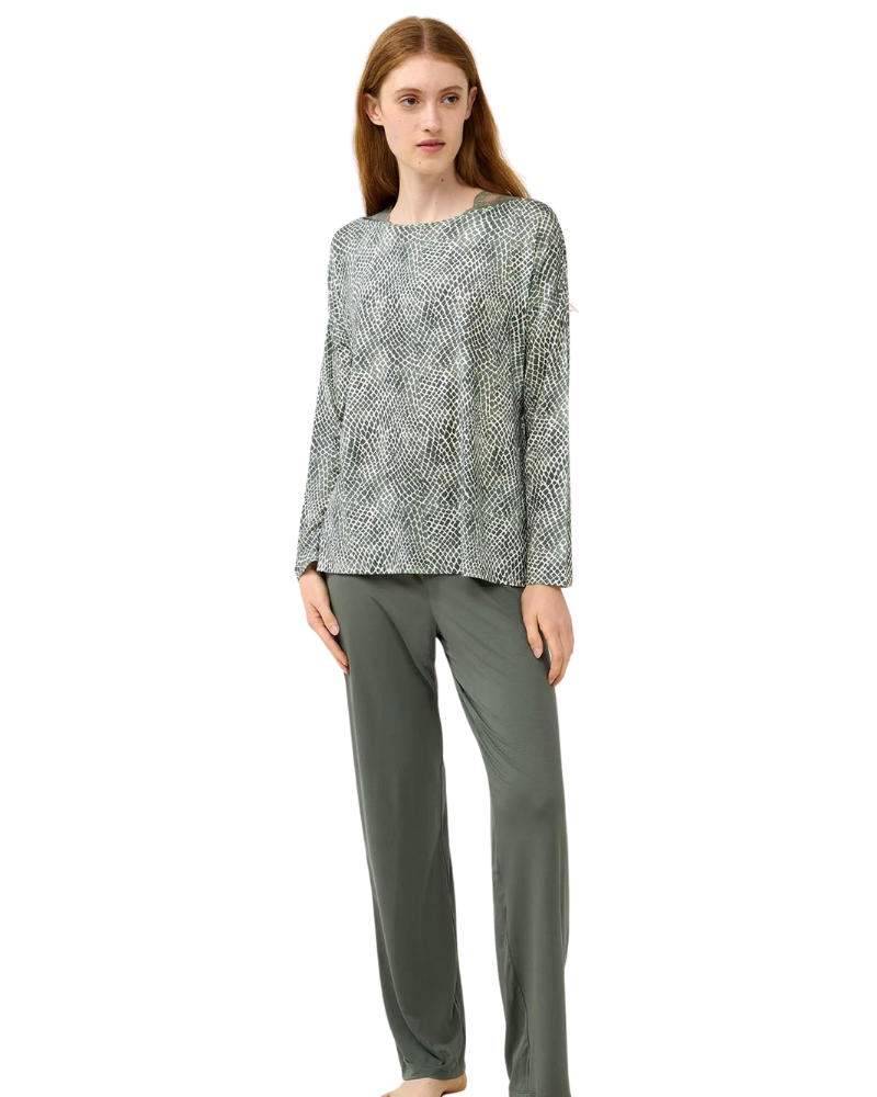 Vamp  Green Sage Lace Neck Detail Modal Pajamas Set