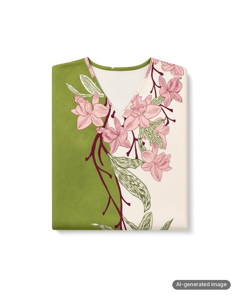 Folded Angelice Pink/Green Vine Print V Neck Pull On Modal Nightgown