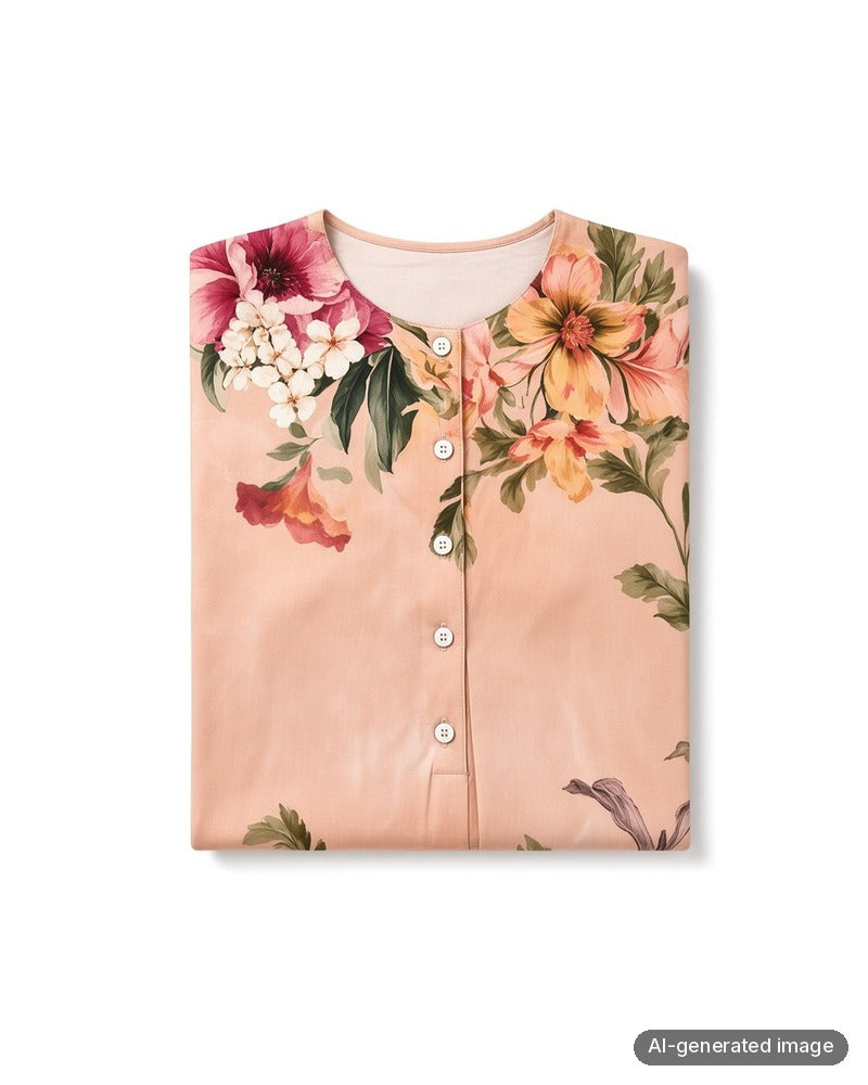 Folded Angelice Peach Floral European Printed Button Down Modal Nightgown
