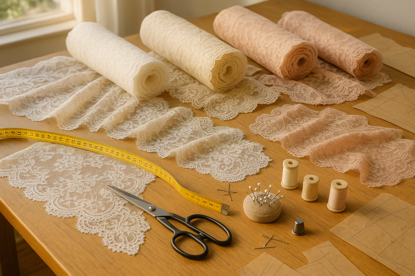 seamstress table with lace materals and measuring tape