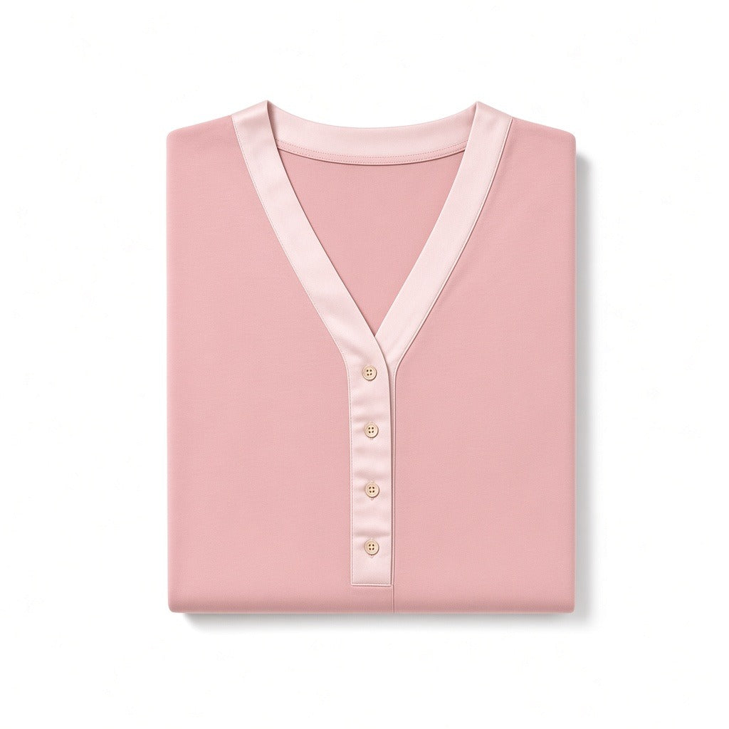 Folded Oh! Zuza Dusty Pink Satin Trim V Neck Short Sleeve Modal Nightshirt