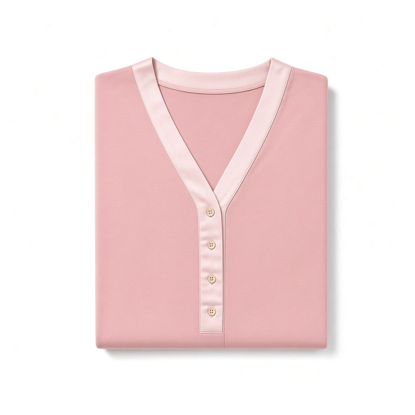 Folded Oh! Zuza Dusty Pink Satin Trim V Neck Short Sleeve Modal Nightshirt