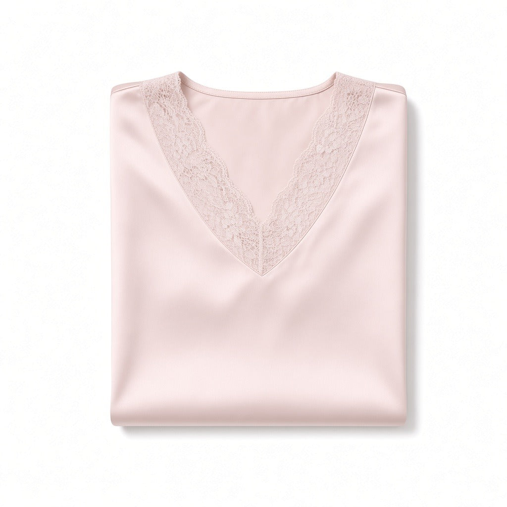 Folded Oh! Zuza Blush Sheer Lace V Neck Short Sleeve Satin Nightshirt