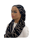 Ahead Black/Ivory String of Pearls Israeli Style Long Tails Pre-Tied Bandanna