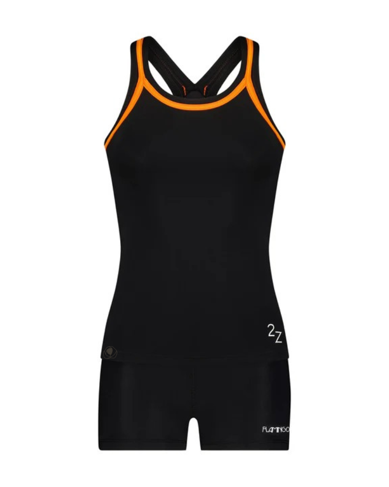 Flamingo 2ZOR Black Orange Trim 2 Piece Teen's Bathing Suit Tank with Shorts myselflingerie.com