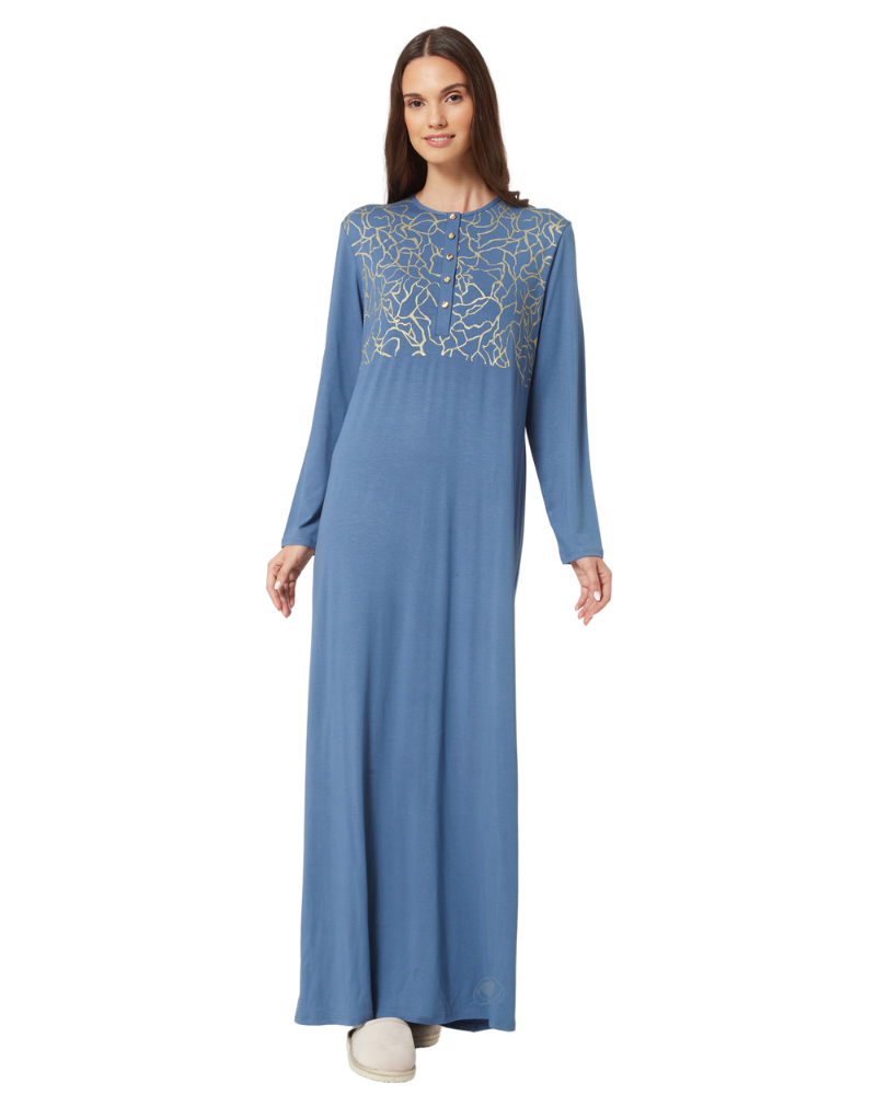 Pen-ky 11958 Blue Gold Veins Cotton Button Down Nightgown myselflingerie.com