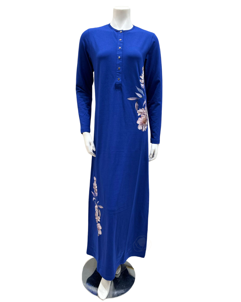Nico Italy AK821 Flower Screen Print Snap Front Cobalt Cotton Nightgown myselflingerie.com