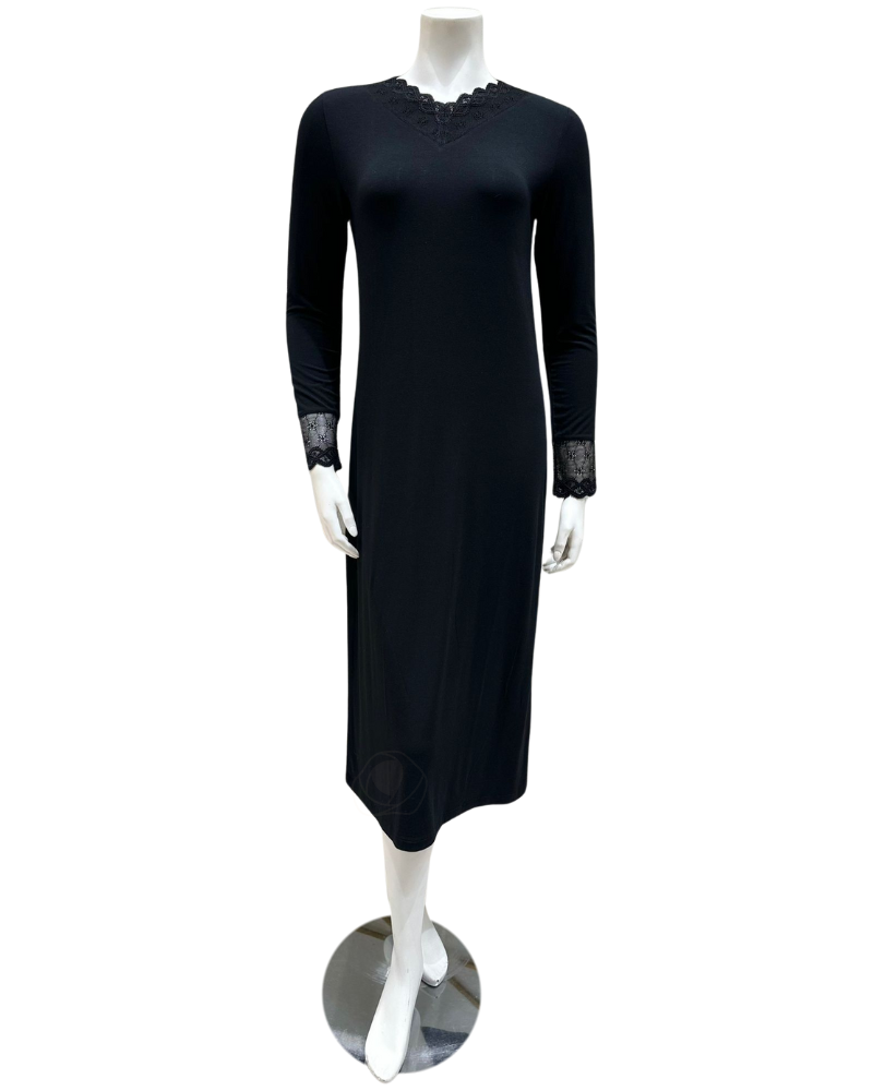 Oh! Zuza M4140 Black Swirl Design Modest V Neck Modal Nightshirt myselflingerie.com