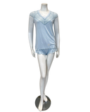 M4208 Light Blue V Lace Cap Sleeve Shorts Modal Pajamas Set