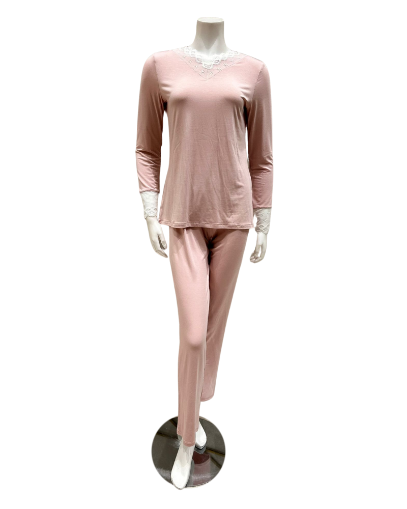 Oh! Zuza M4141 Dusty Pink Swirl Design Lace V Neck Modal Pajamas Set myselflingerie.com