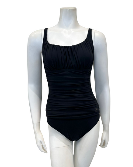 Gottex ETTR2011 Black Tutti Frutti Shirred Peasant Full Coverage Shaping Bathing Suit myselflingerie.com
