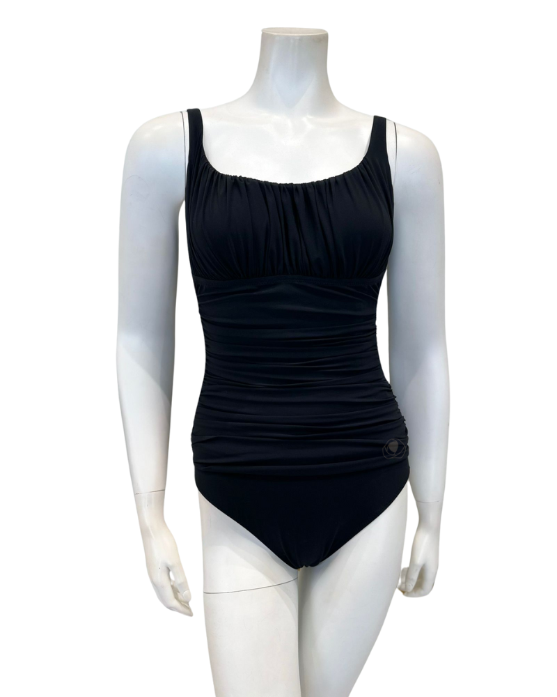 Gottex ETTR2011 Black Tutti Frutti Shirred Peasant Full Coverage Shaping Bathing Suit myselflingerie.com