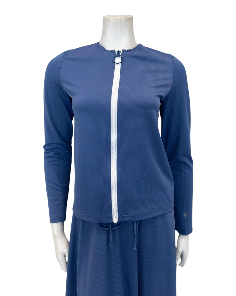 Seashells S7024 Blue Ribbed Zip Up Swim Top myselflingerie.com