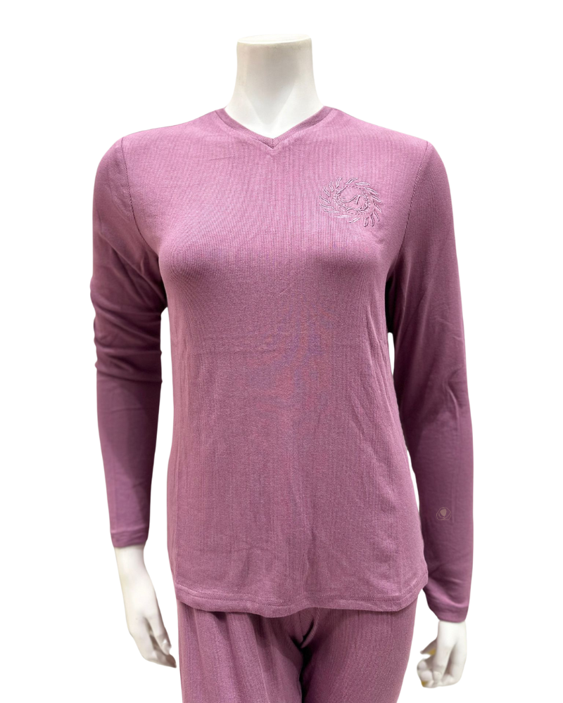 Angelice C-7143 Lavender Emblem Ribbed V Neck Modal Pajamas Set myselflingerie.com