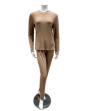 Angelice C-7143 Beige Emblem Ribbed V Neck Modal Pajamas Set myselflingerie.com