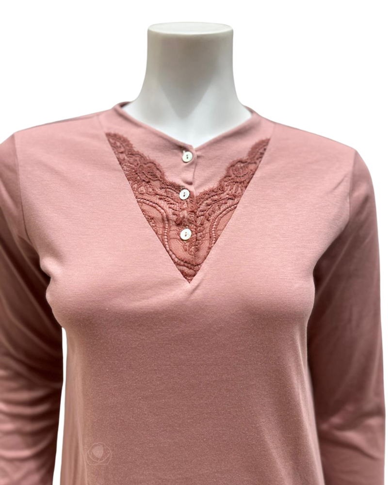 Iora Lingerie 23506 Rose V Lace Button Down Cotton Pajamas Set myselflingerie.com