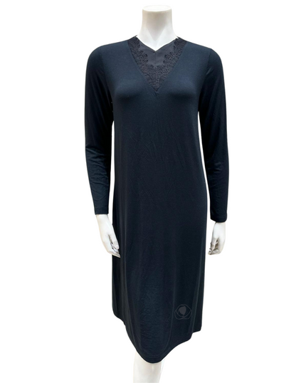 Iora Lingerie 23413A Black Modest V Neck Lace Modal Nightshirt myselflingerie.com