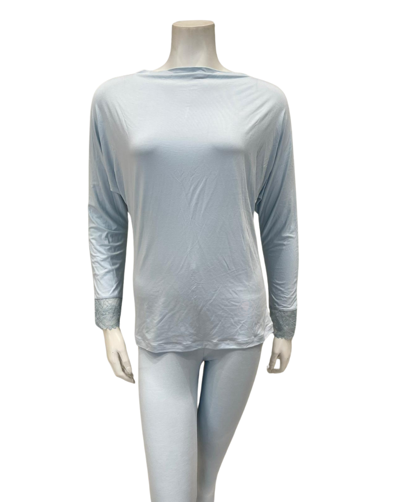 Oh! Zuza M3320 Light Blue Boat Neck Lace Trim Modal Pajamas Set myselflingerie.com