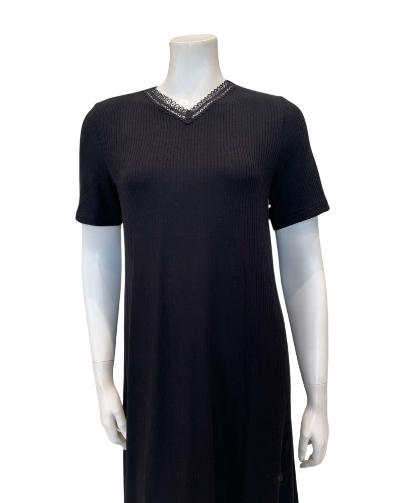 Oh! Zuza V1 Black Ribbed Lace V Neck Short Sleeve Rosie Modal Nightshirt myselflingerie.com